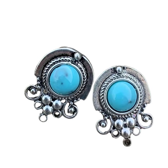 Silver and Turquoise Designed Drop Earrings - Picture 2 of 6